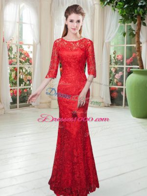 Custom Fit Red Homecoming Dress Prom and Party with Lace Scoop Half Sleeves Zipper