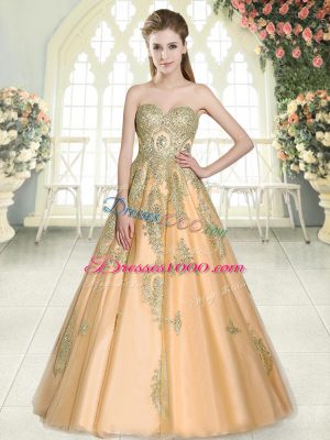 A-line Prom Dresses Peach Sweetheart Tulle Sleeveless Floor Length Lace Up