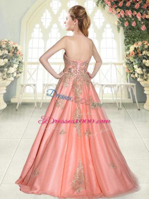 A-line Prom Dresses Peach Sweetheart Tulle Sleeveless Floor Length Lace Up