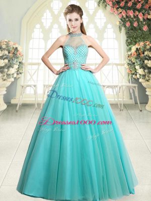 Adorable Aqua Blue Tulle Zipper Prom Dress Sleeveless Floor Length Beading