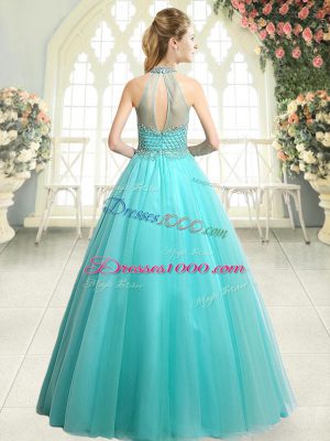 Adorable Aqua Blue Tulle Zipper Prom Dress Sleeveless Floor Length Beading