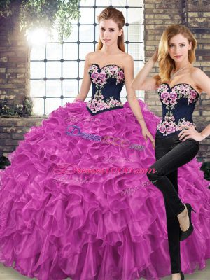 Nice Lace Up 15th Birthday Dress Fuchsia for Military Ball and Sweet 16 and Quinceanera with Embroidery and Ruffles Sweep Train