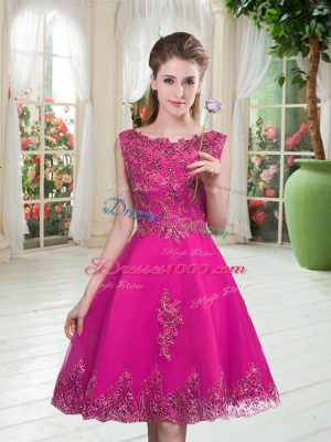 Hot Selling Beading and Appliques Prom Dress Fuchsia Lace Up Sleeveless Knee Length