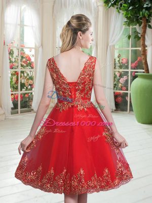 Hot Selling Beading and Appliques Prom Dress Fuchsia Lace Up Sleeveless Knee Length