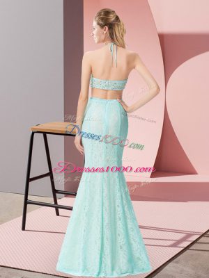 Fine Baby Blue Sleeveless Floor Length Beading and Lace Backless Homecoming Dress