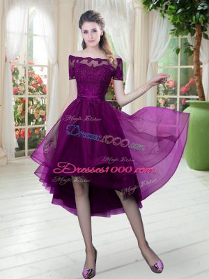 Excellent Purple A-line Tulle Off The Shoulder Short Sleeves Lace High Low Lace Up Evening Dress