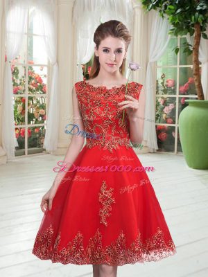 Wonderful Knee Length Red Prom Dresses Scoop Sleeveless Lace Up