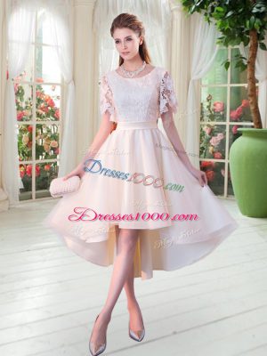 Cute High Low Champagne Dress for Prom Scoop Short Sleeves Lace Up