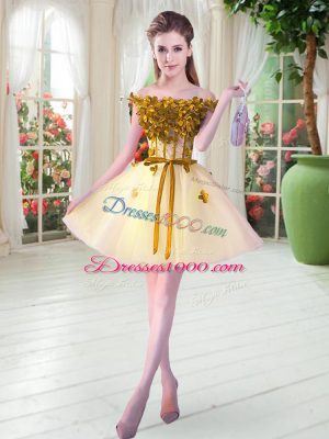 Sweet Yellow Tulle Lace Up Off The Shoulder Sleeveless Mini Length Prom Party Dress Beading and Appliques