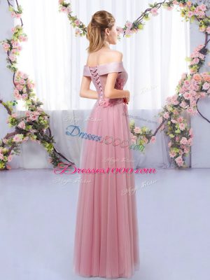 Tulle Sleeveless Floor Length Quinceanera Court of Honor Dress and Appliques