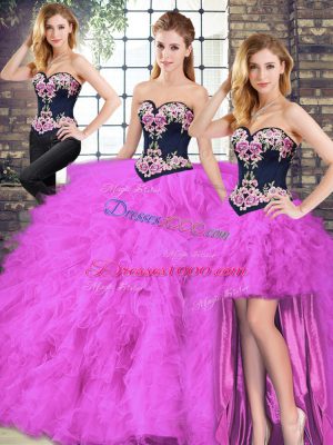 Unique Fuchsia Three Pieces Sweetheart Sleeveless Tulle Floor Length Lace Up Beading and Embroidery Quinceanera Gown