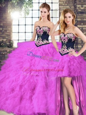 Unique Fuchsia Three Pieces Sweetheart Sleeveless Tulle Floor Length Lace Up Beading and Embroidery Quinceanera Gown