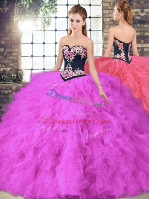 Unique Fuchsia Three Pieces Sweetheart Sleeveless Tulle Floor Length Lace Up Beading and Embroidery Quinceanera Gown