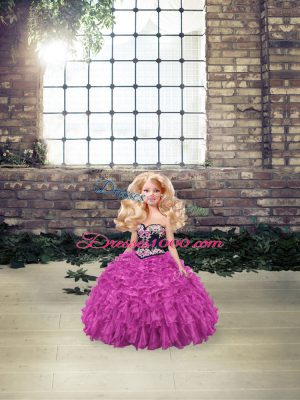 Fuchsia Ball Gowns Organza Sweetheart Sleeveless Embroidery and Ruffles Lace Up Sweet 16 Dresses