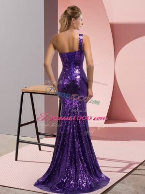 High Class Sequined One Shoulder Sleeveless Brush Train Lace Up Beading and Appliques Evening Dress in Purple