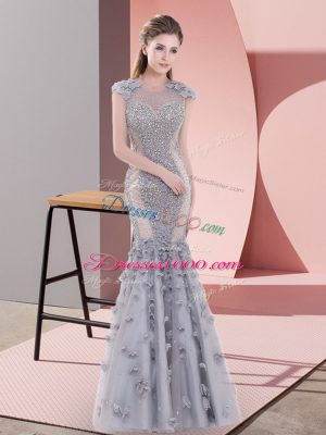 Chic Grey Tulle Lace Up Scoop Cap Sleeves Floor Length Prom Dresses Beading and Lace and Hand Made Flower