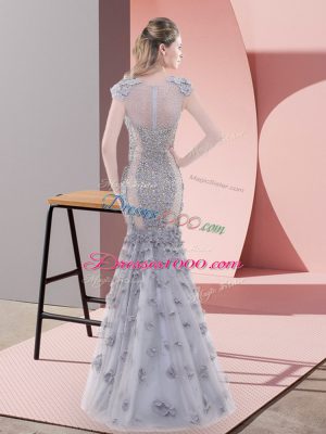 Chic Grey Tulle Lace Up Scoop Cap Sleeves Floor Length Prom Dresses Beading and Lace and Hand Made Flower