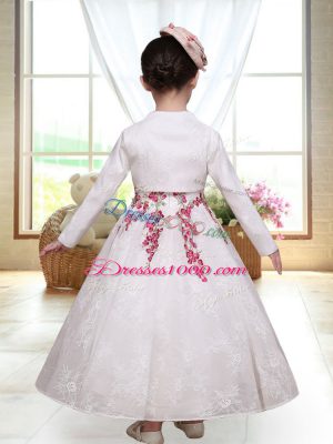 White A-line Embroidery Flower Girl Dresses for Less Zipper Lace Sleeveless Ankle Length