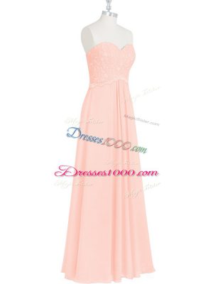 Floor Length Pink Evening Gowns Chiffon Sleeveless Lace and Appliques