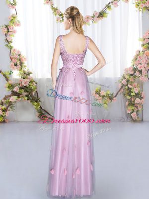 Lavender Empire Tulle V-neck Sleeveless Beading and Appliques Floor Length Lace Up Bridesmaid Gown