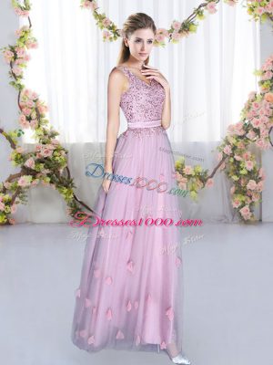 Lavender Empire Tulle V-neck Sleeveless Beading and Appliques Floor Length Lace Up Bridesmaid Gown