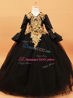 Simple Black Tulle Pageant Dresses Long Sleeves Floor Length Beading and Appliques