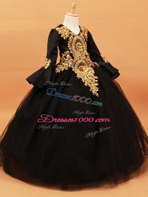 Simple Black Tulle Pageant Dresses Long Sleeves Floor Length Beading and Appliques