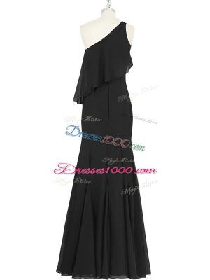 Modest Black Chiffon Side Zipper One Shoulder Sleeveless Floor Length Evening Party Dresses Ruching