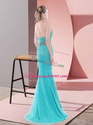 Halter Top Sleeveless Sweep Train Backless Prom Evening Gown Red Tulle