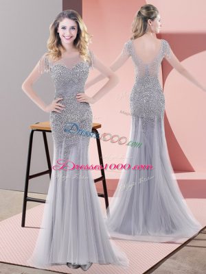 Fabulous Tulle Short Sleeves Floor Length Prom Evening Gown and Beading