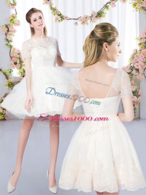 Scoop Short Sleeves Tulle Quinceanera Court of Honor Dress Lace Lace Up