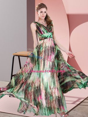 New Style Empire Prom Dress Multi-color V-neck Printed Sleeveless Floor Length Lace Up