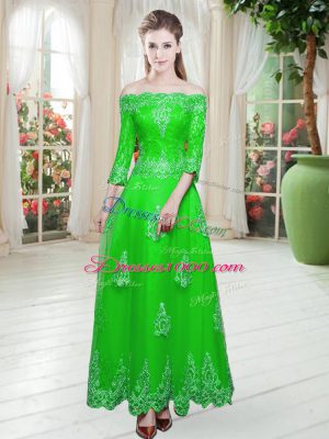3 4 Length Sleeve Tulle Floor Length Lace Up Prom Party Dress in Green with Lace