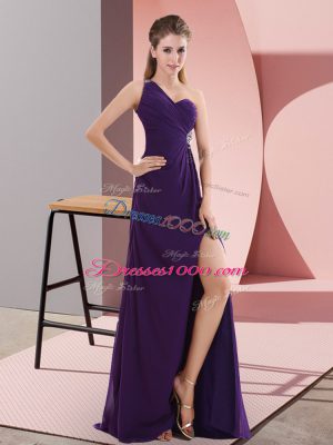 Flare Purple Sleeveless Chiffon Sweep Train Backless Evening Dress for Prom and Party and Military Ball