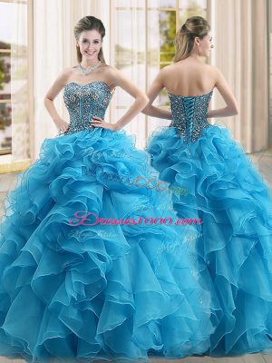 Lovely Beading and Ruffles Sweet 16 Dresses Baby Blue Lace Up Sleeveless Floor Length