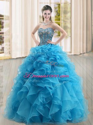 Lovely Beading and Ruffles Sweet 16 Dresses Baby Blue Lace Up Sleeveless Floor Length