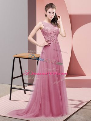 Clearance Scoop Sleeveless Tulle Evening Dress Lace Sweep Train Lace Up