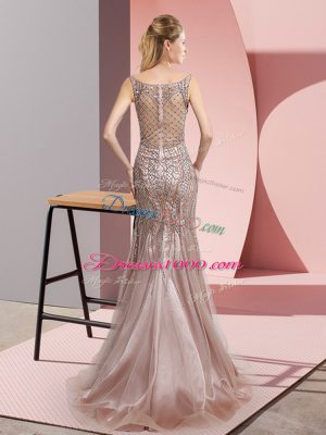 Noble Pink Tulle Zipper Scoop Sleeveless Floor Length Womens Evening Dresses Beading