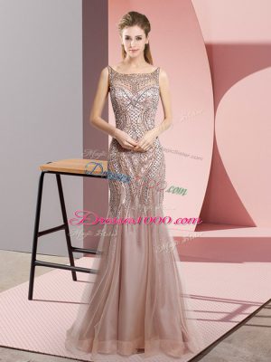 Noble Pink Tulle Zipper Scoop Sleeveless Floor Length Womens Evening Dresses Beading