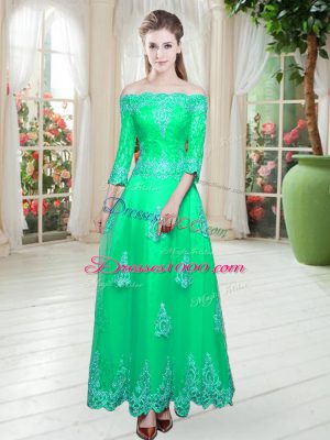 A-line Prom Dresses Turquoise Off The Shoulder Tulle 3 4 Length Sleeve Floor Length Lace Up