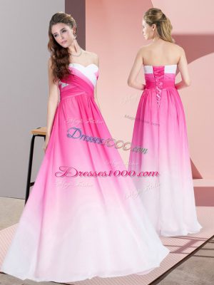 Floor Length Pink And White Dress for Prom Chiffon Sleeveless Ruching