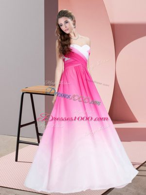 Floor Length Pink And White Dress for Prom Chiffon Sleeveless Ruching