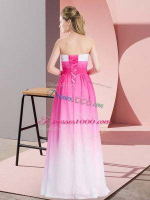 Floor Length Pink And White Dress for Prom Chiffon Sleeveless Ruching