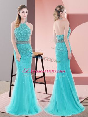Sleeveless Sweep Train Beading Backless Prom Evening Gown