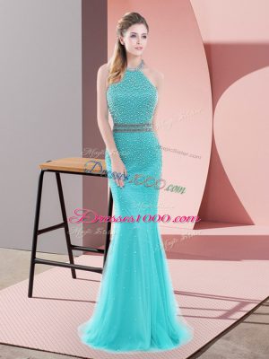 Sleeveless Sweep Train Beading Backless Prom Evening Gown