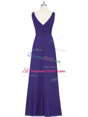 Excellent Purple A-line Chiffon V-neck Sleeveless Ruching Floor Length Zipper Prom Gown