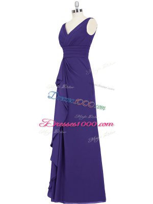 Excellent Purple A-line Chiffon V-neck Sleeveless Ruching Floor Length Zipper Prom Gown