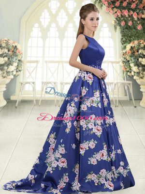 Glorious Sleeveless Beading and Pattern Backless Prom Dress with Royal Blue Brush Train