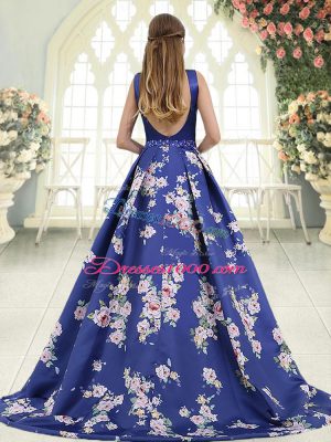 Glorious Sleeveless Beading and Pattern Backless Prom Dress with Royal Blue Brush Train