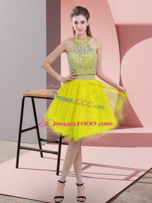 Stunning Halter Top Sleeveless Backless Prom Gown Yellow Organza